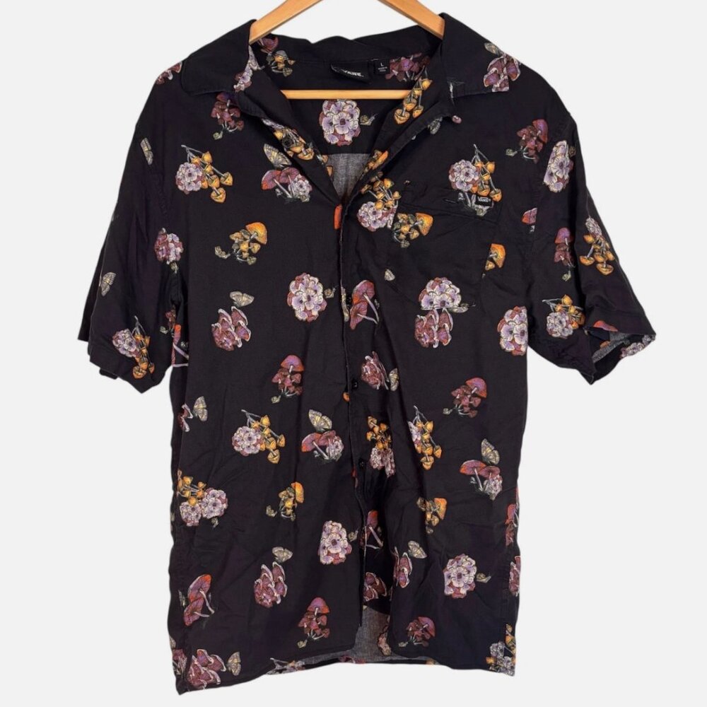 Vans Shirt Men's Large Mushrooms Button Up Short Sleeve Skater Grunge Black